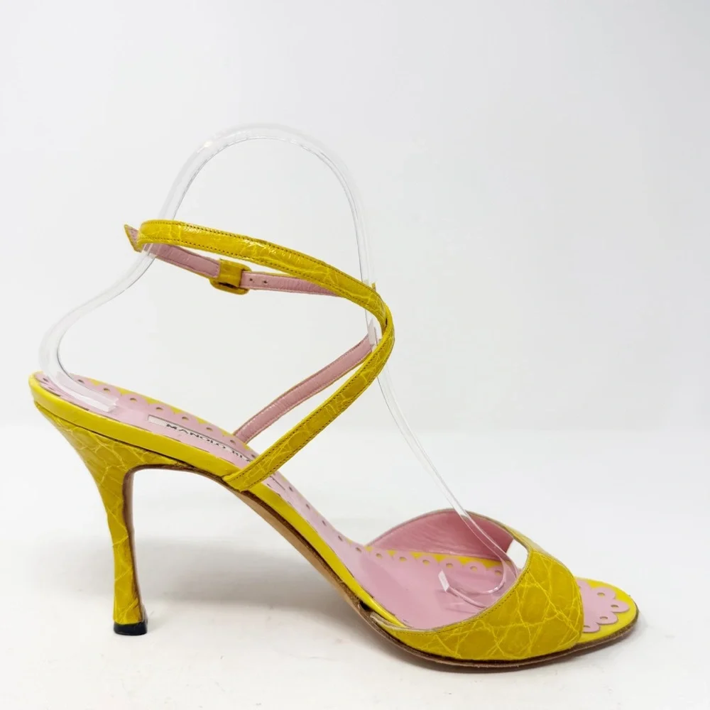 Manolo Blahnik Yellow Croc Embossed Strappy Sandals Pink Trim Womens Size EU 40